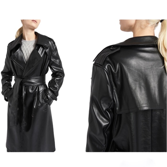 Oversized Vegan Leather Trench Coat Black Boa. Because of Alice - Picture 2 of 11
